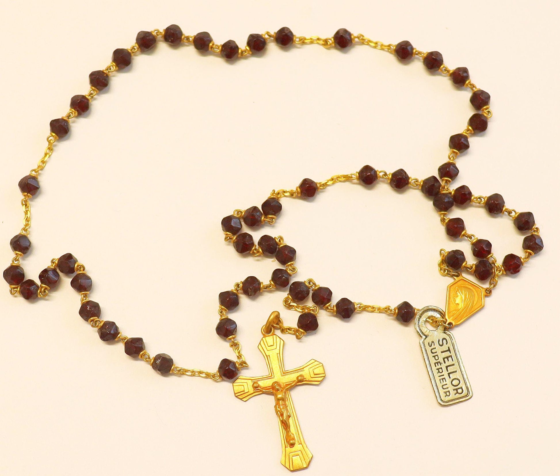 Catholic Vintage Rosary New Old Stock Garnet and Gold Plated Exquisite Series N0. 7