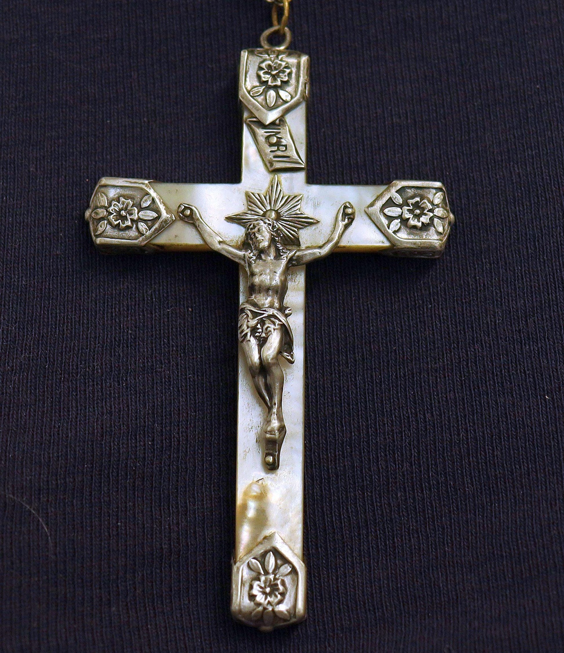 Mother of Pearl & Sterling Pectoral Cross, w chain – Early Art Nouveau - Rare, Pristine