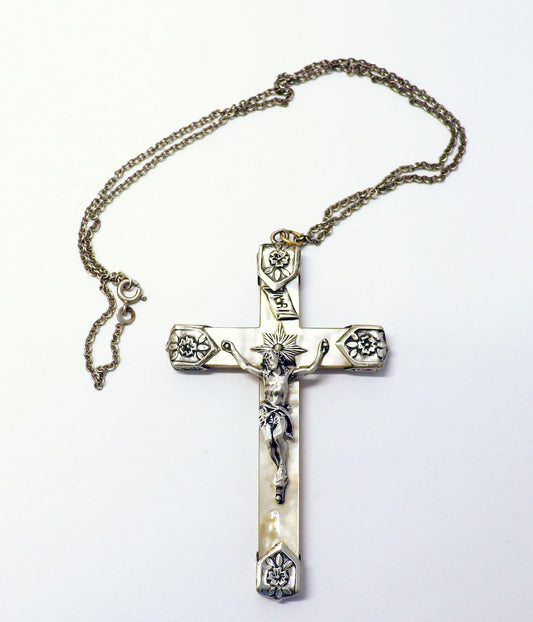 Mother of Pearl & Sterling Pectoral Cross, w chain – Early Art Nouveau - Rare, Pristine