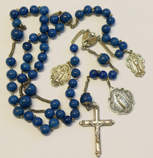 Late 19th Century Lapis Glass and Sterling Catholic Rosary Many Medals – French - Rare