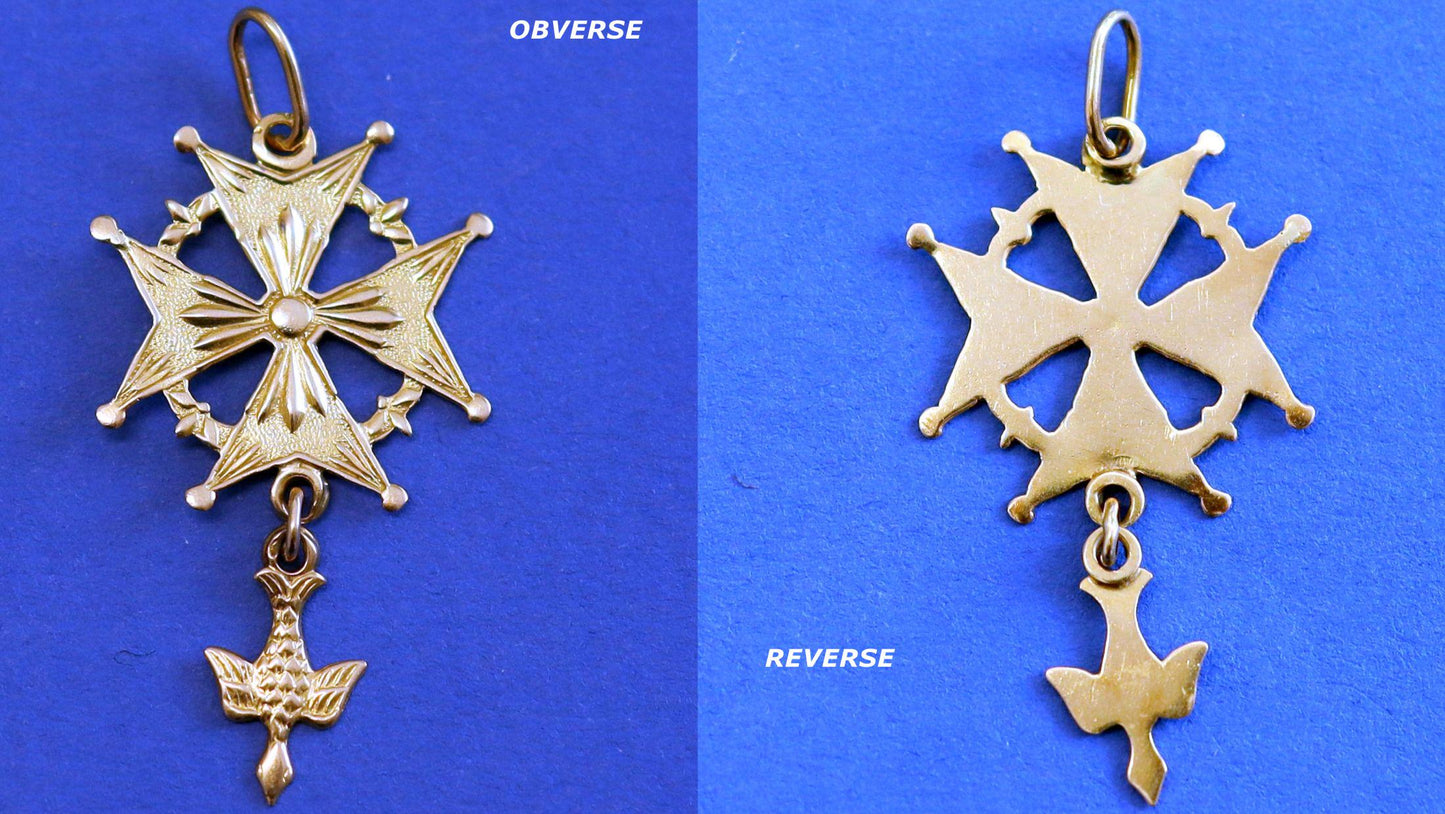 18 K Gold Pendant Medal Huguenot Cross - French 1930 's - Pristine condition.