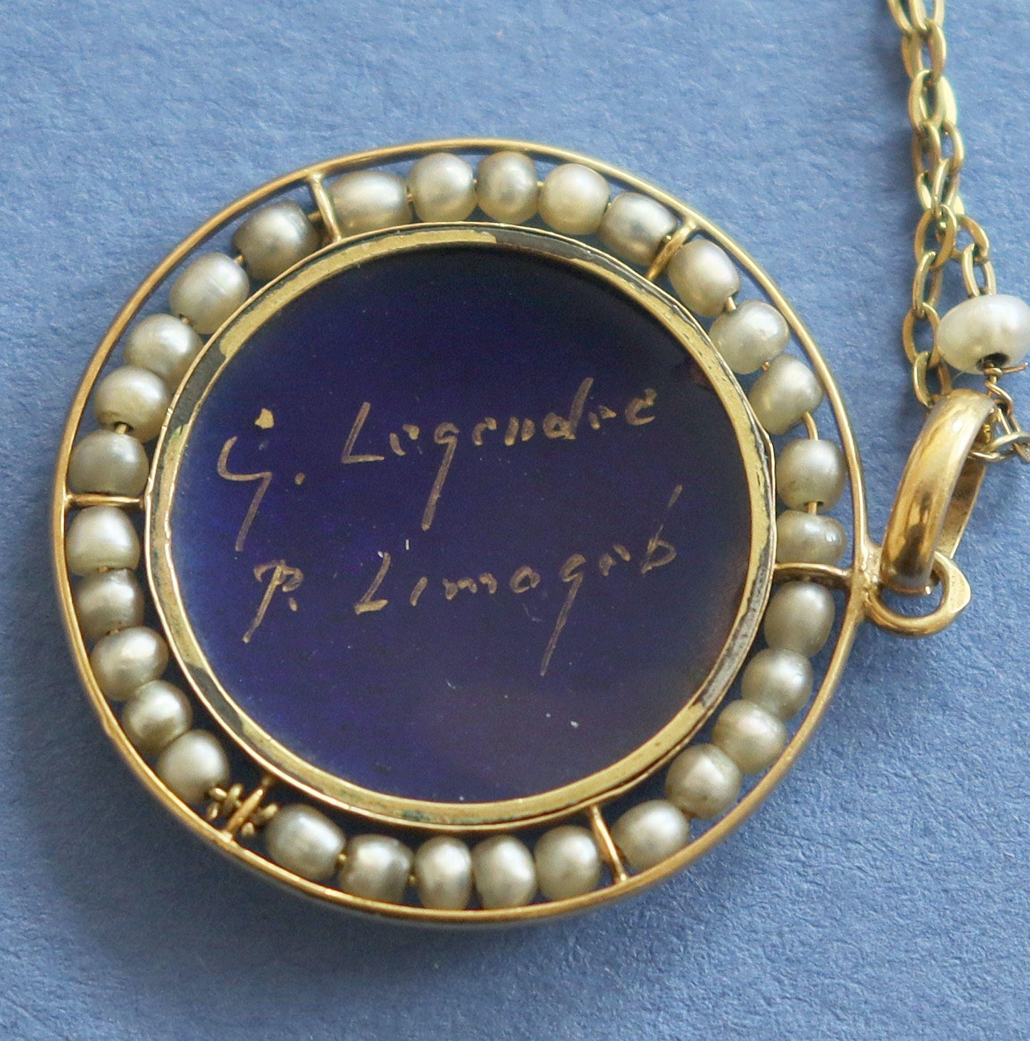 1910s Limoges Enamel Virgin Medallion: 18K Gold & Pearl Pendant by G. Legendre