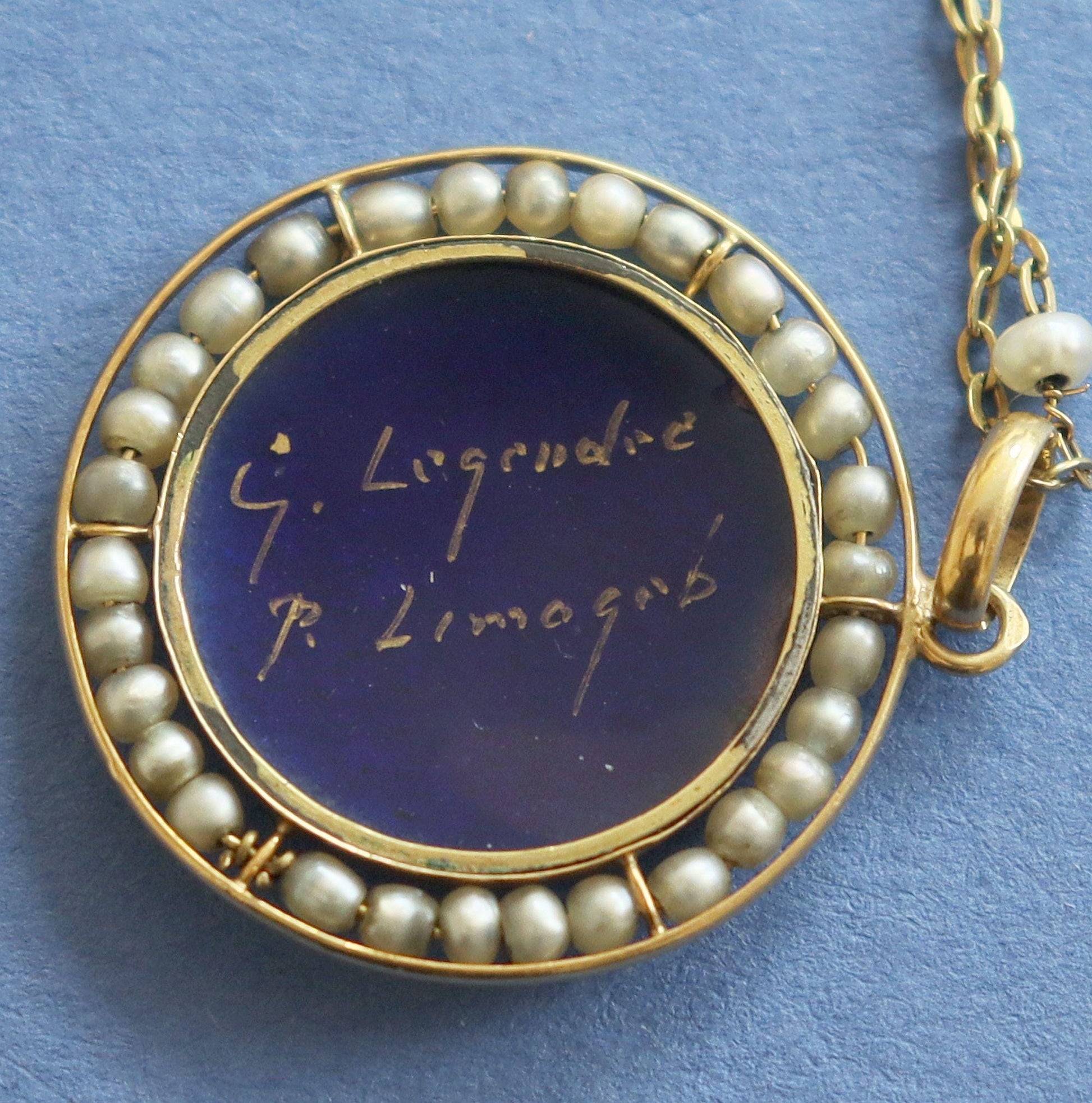 1910's Virgin Medallion Hand Painted Limoges Enamel by G. Legendre w Chain - All 18 K. Gold & Pearls