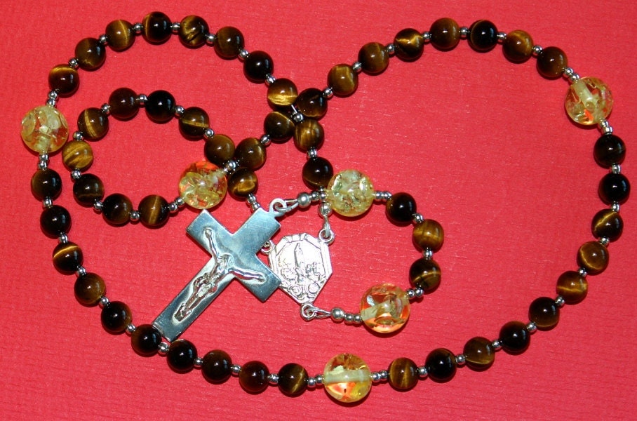 Our Lady of Fatima Catholic Rosary Prayer Beads - Tiger Eye, Sterling and Amber