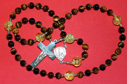 Our Lady of Fatima Catholic Rosary Prayer Beads - Tiger Eye, Sterling and Amber