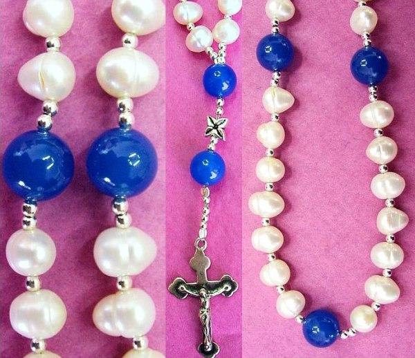 Anglican Episcopal Rosary Prayer Beads : Pearl, Chalcedony and Sterling Silver