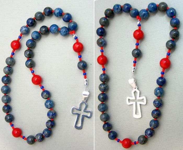 Anglican Episcopal Rosary Prayer Beads : Denim Lapis, Coral and Sterling Silver