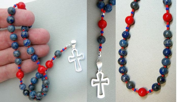 Anglican Episcopal Rosary Prayer Beads : Denim Lapis, Coral and Sterling Silver
