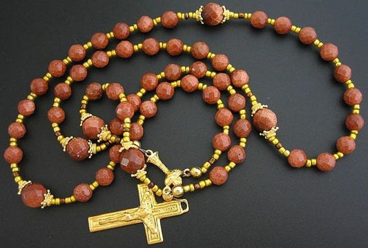 Catholic Rosary - 5 decades - Brown Goldstone and Vermeil