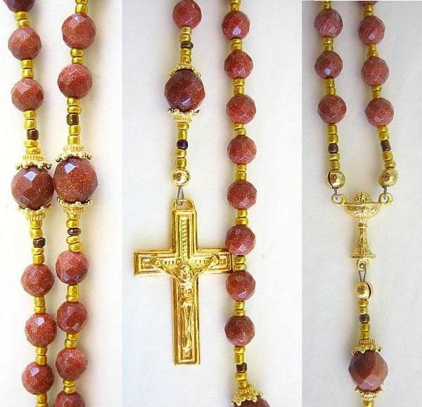 Catholic Rosary - 5 decades - Brown Goldstone and Vermeil