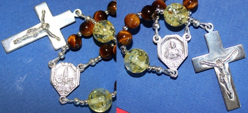 Our Lady of Fatima Catholic Rosary Prayer Beads - Tiger Eye, Sterling and Amber
