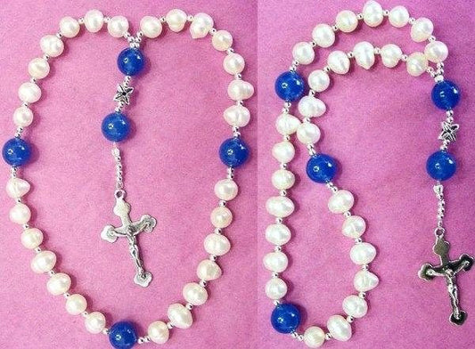 Anglican Episcopal Rosary Prayer Beads : Pearl, Chalcedony and Sterling Silver