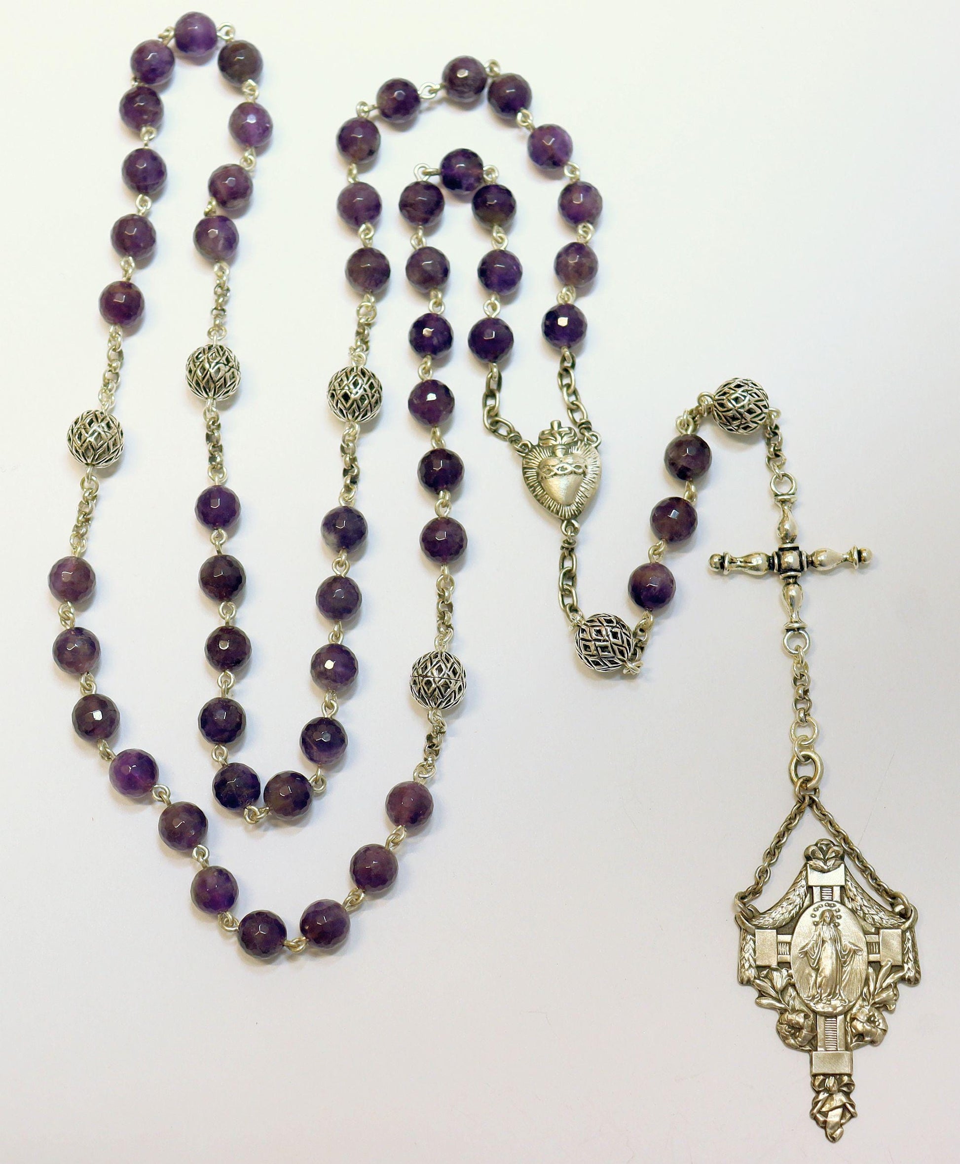 Antique Catholic Rosary Amethyst and Sterling Early 20th Cent- Marian Congregation XX Rarity