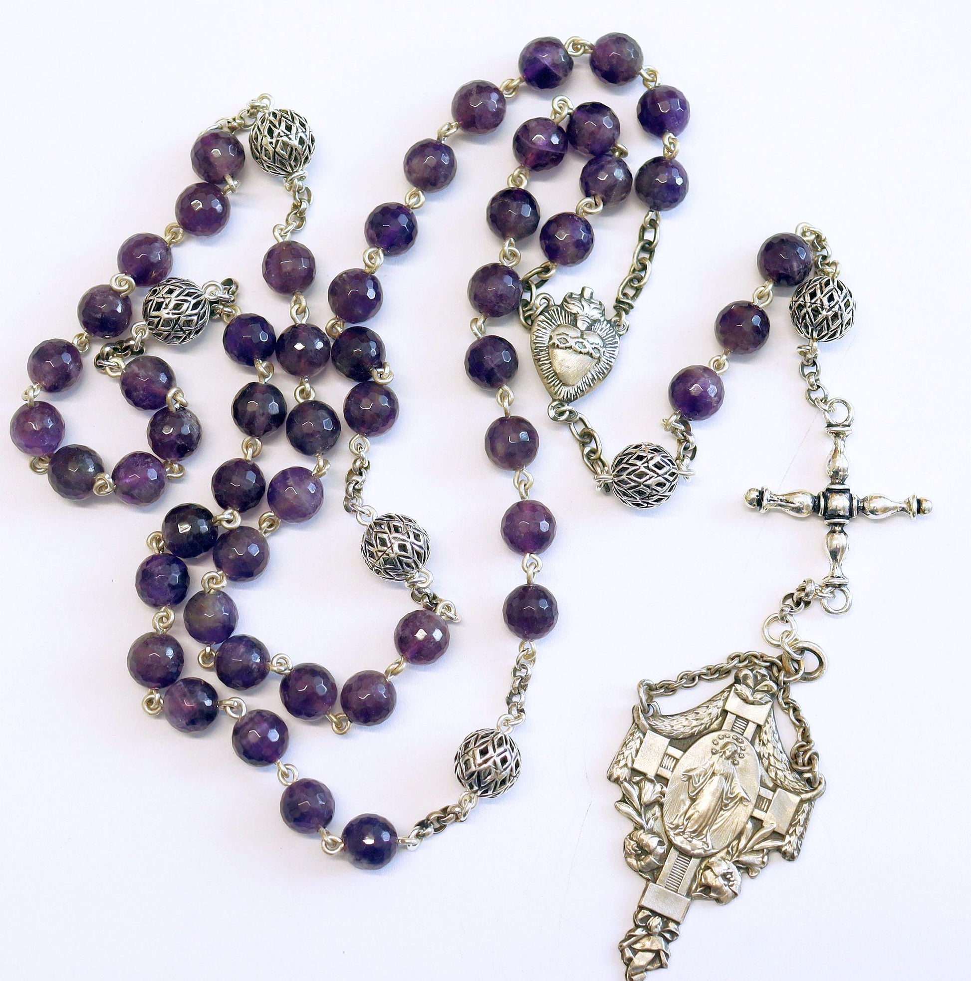Antique Catholic Rosary Amethyst and Sterling Early 20th Cent- Marian Congregation XX Rarity