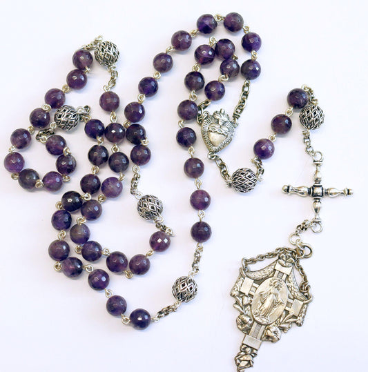 Antique Catholic Rosary Amethyst and Sterling Early 20th Cent- Marian Congregation XX Rarity