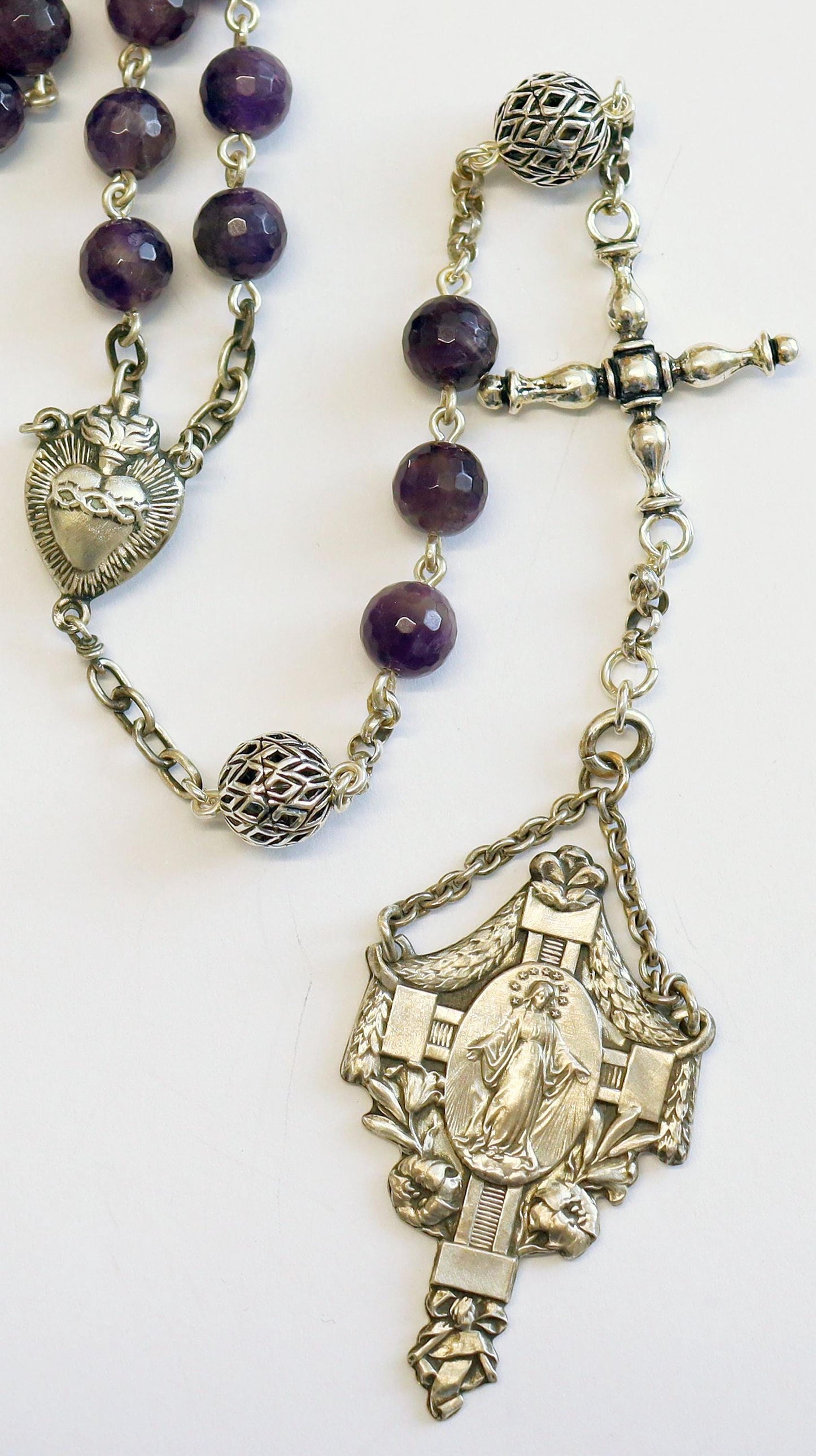 Antique Catholic Rosary Amethyst and Sterling Early 20th Cent- Marian Congregation XX Rarity