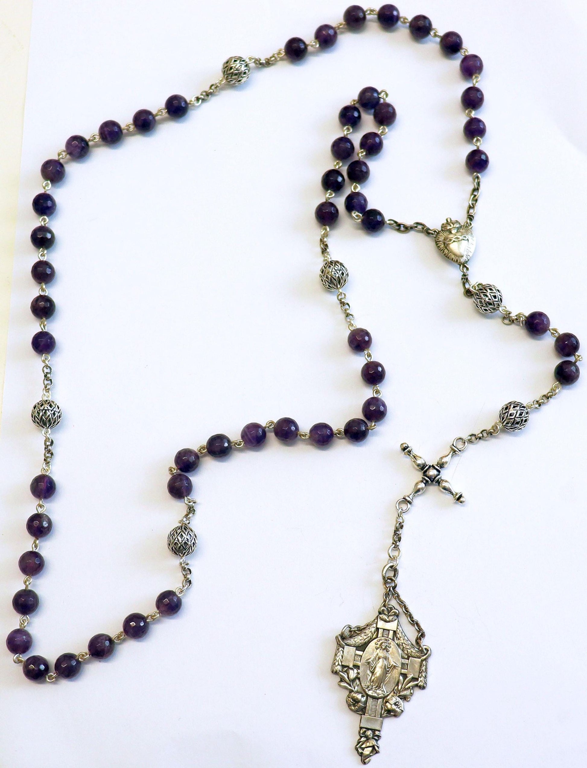 Antique Catholic Rosary Amethyst and Sterling Early 20th Cent- Marian Congregation XX Rarity