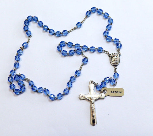 Catholic Vintage Rosary New Old Stock Blue Crystal Sterling Silver Exquisite Series No25