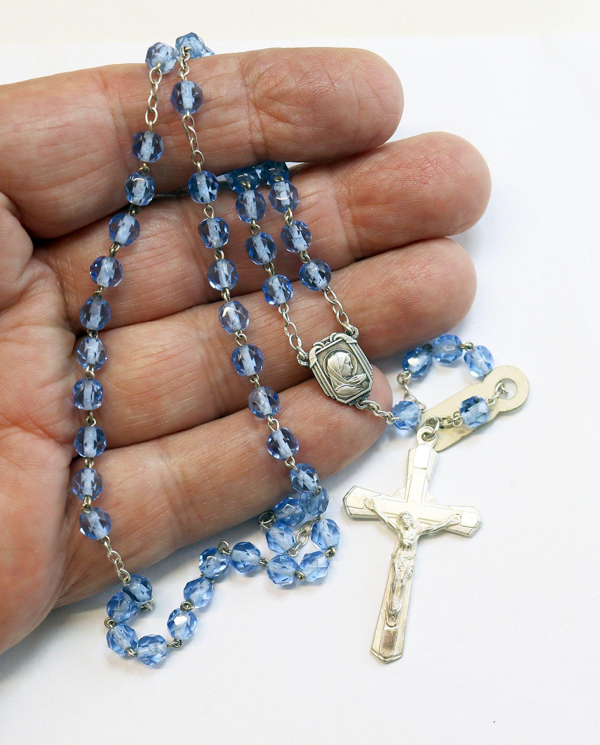 Catholic Vintage Rosary New Old Stock Blue Crystal Sterling Silver Exquisite Series No25