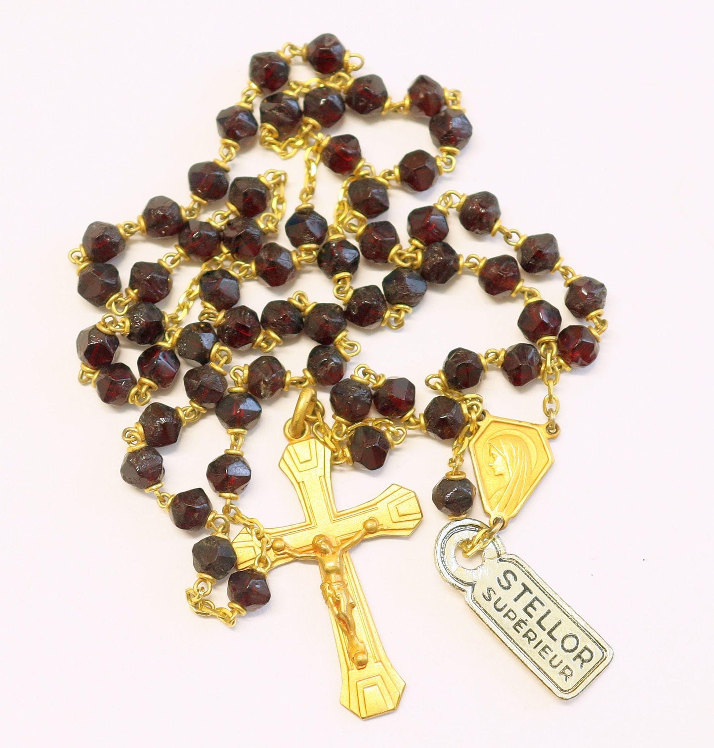 Catholic Vintage Rosary New Old Stock Garnet and Gold Plated Exquisite Series N0. 7