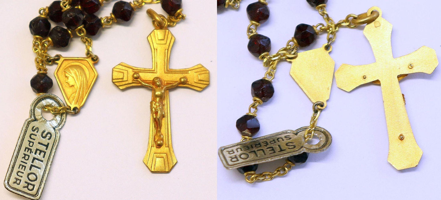 Catholic Vintage Rosary New Old Stock Garnet and Gold Plated Exquisite Series N0. 7