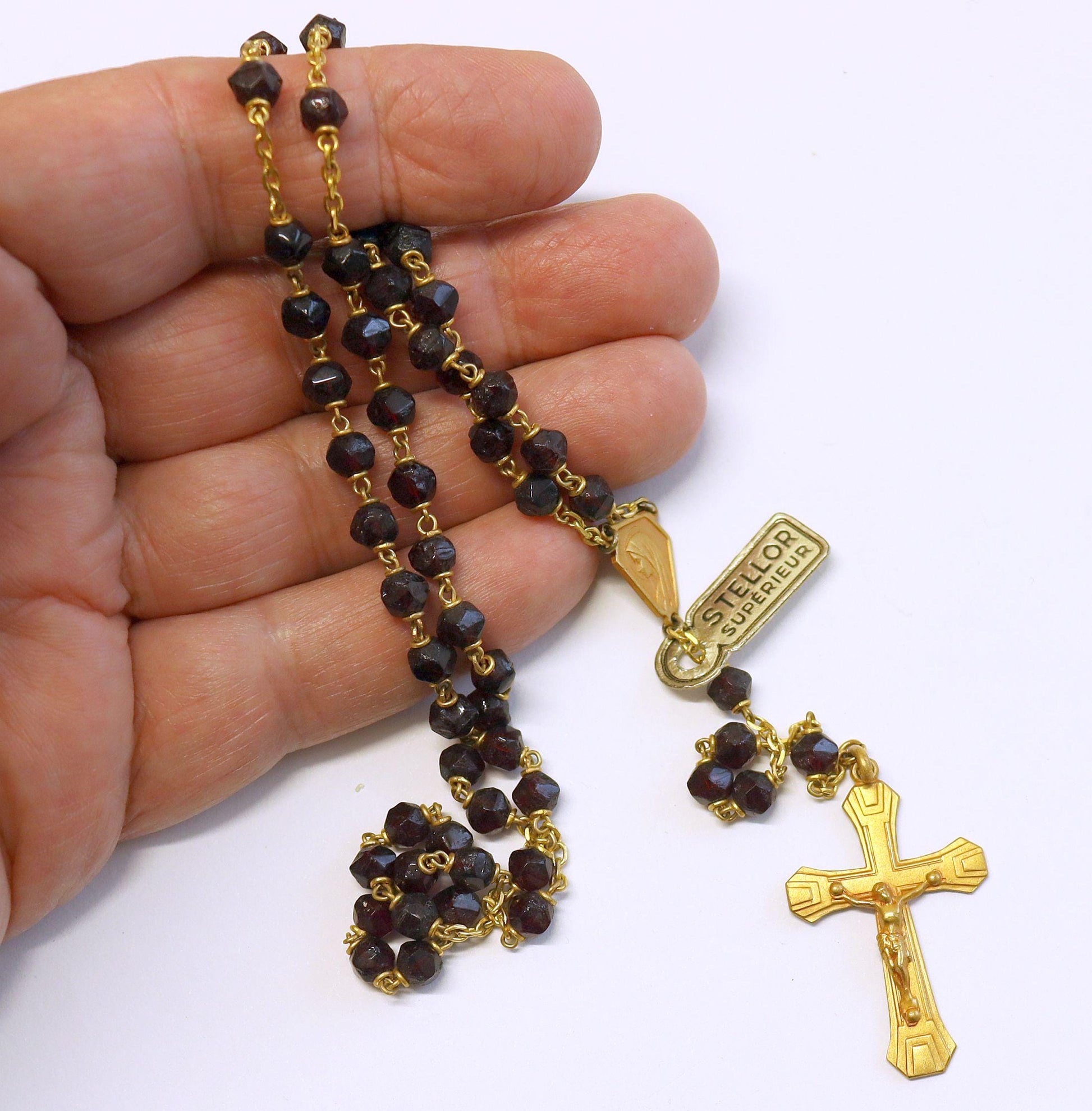 Catholic Vintage Rosary New Old Stock Garnet and Gold Plated Exquisite Series N0. 7