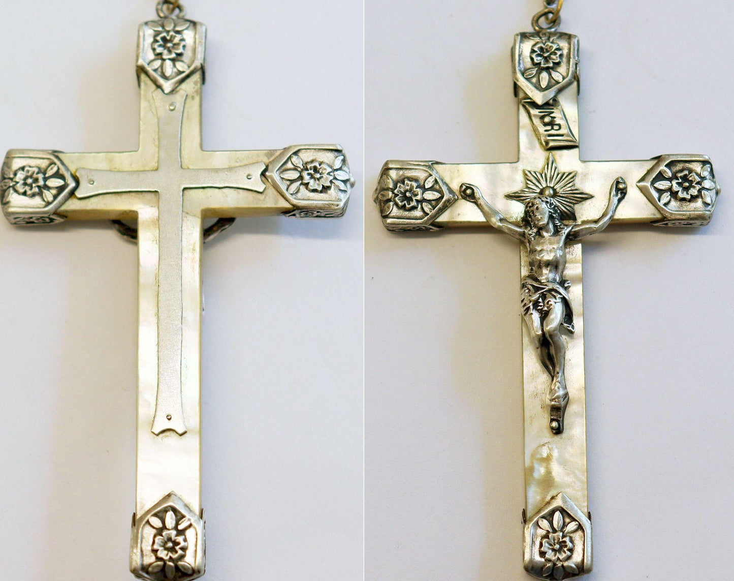 Mother of Pearl & Sterling Pectoral Cross, w chain – Early Art Nouveau - Rare, Pristine