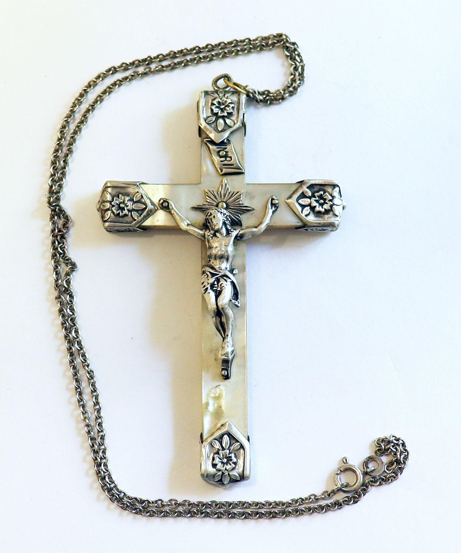 Mother of Pearl & Sterling Pectoral Cross, w chain – Early Art Nouveau - Rare, Pristine