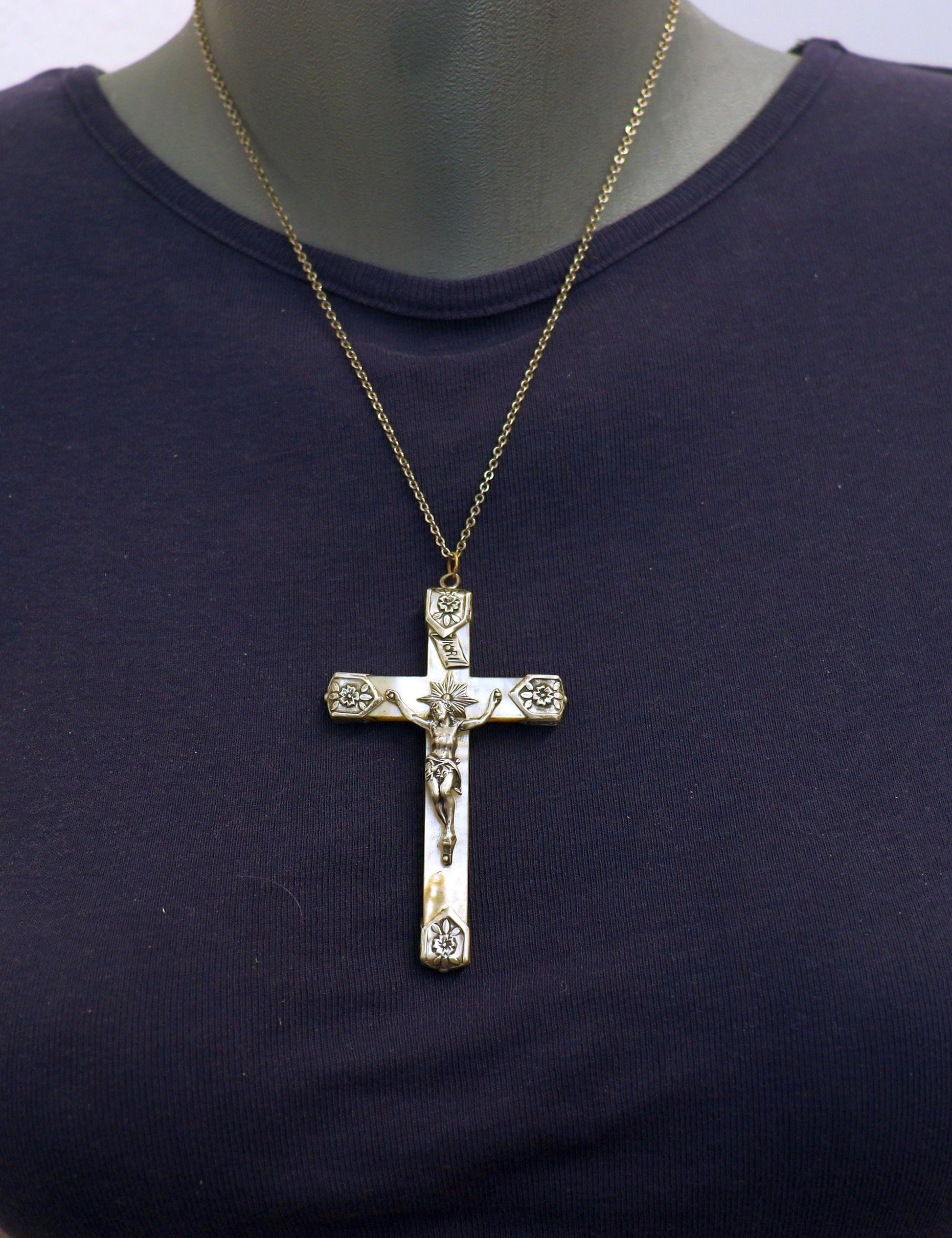 Mother of Pearl & Sterling Pectoral Cross, w chain – Early Art Nouveau - Rare, Pristine