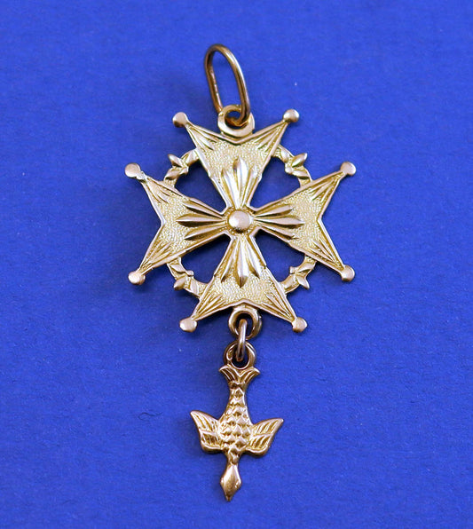 18 K Gold Pendant Medal Huguenot Cross - French 1930 's - Pristine condition.