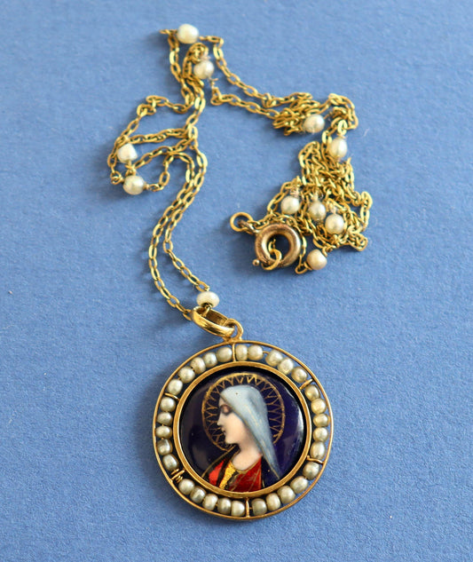 1910's Virgin Medallion Hand Painted Limoges Enamel by G. Legendre w Chain - All 18 K. Gold & Pearls