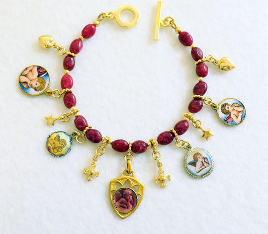Ruby & Vermeil Bracelet, Vintage Enameled Raphael's Cherub angel Medals, Unique Religious Bracelet, Gold-plated Bracelet, Gift for her