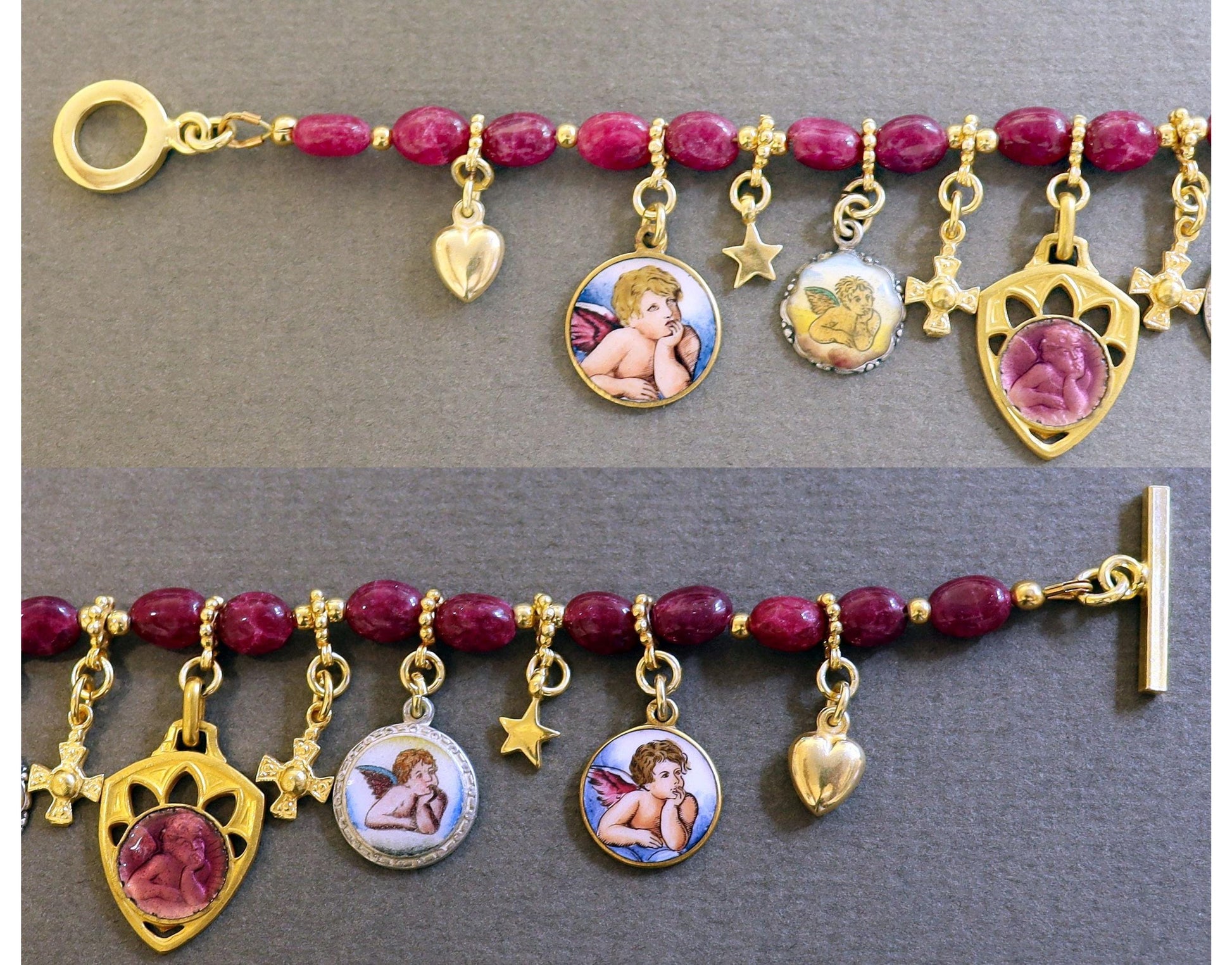 Ruby & Vermeil Bracelet, Vintage Enameled Raphael's Cherub angel Medals, Unique Religious Bracelet, Gold-plated Bracelet, Gift for her