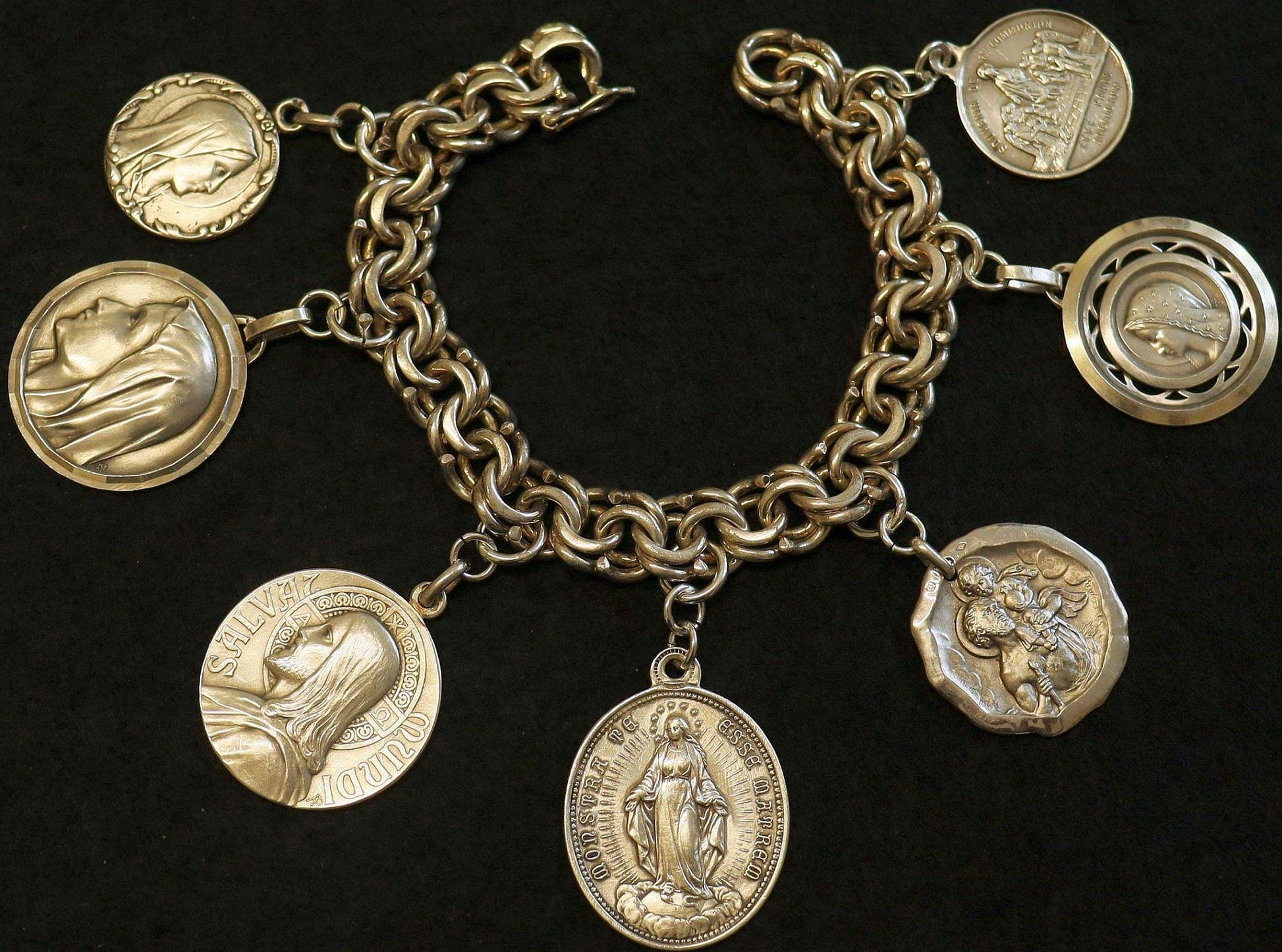 Art Nouveau Bracelet All Sterling Charms w 7 Rare Large Pristine Religious Medals - 1882 -Rare, Heavy, Antique