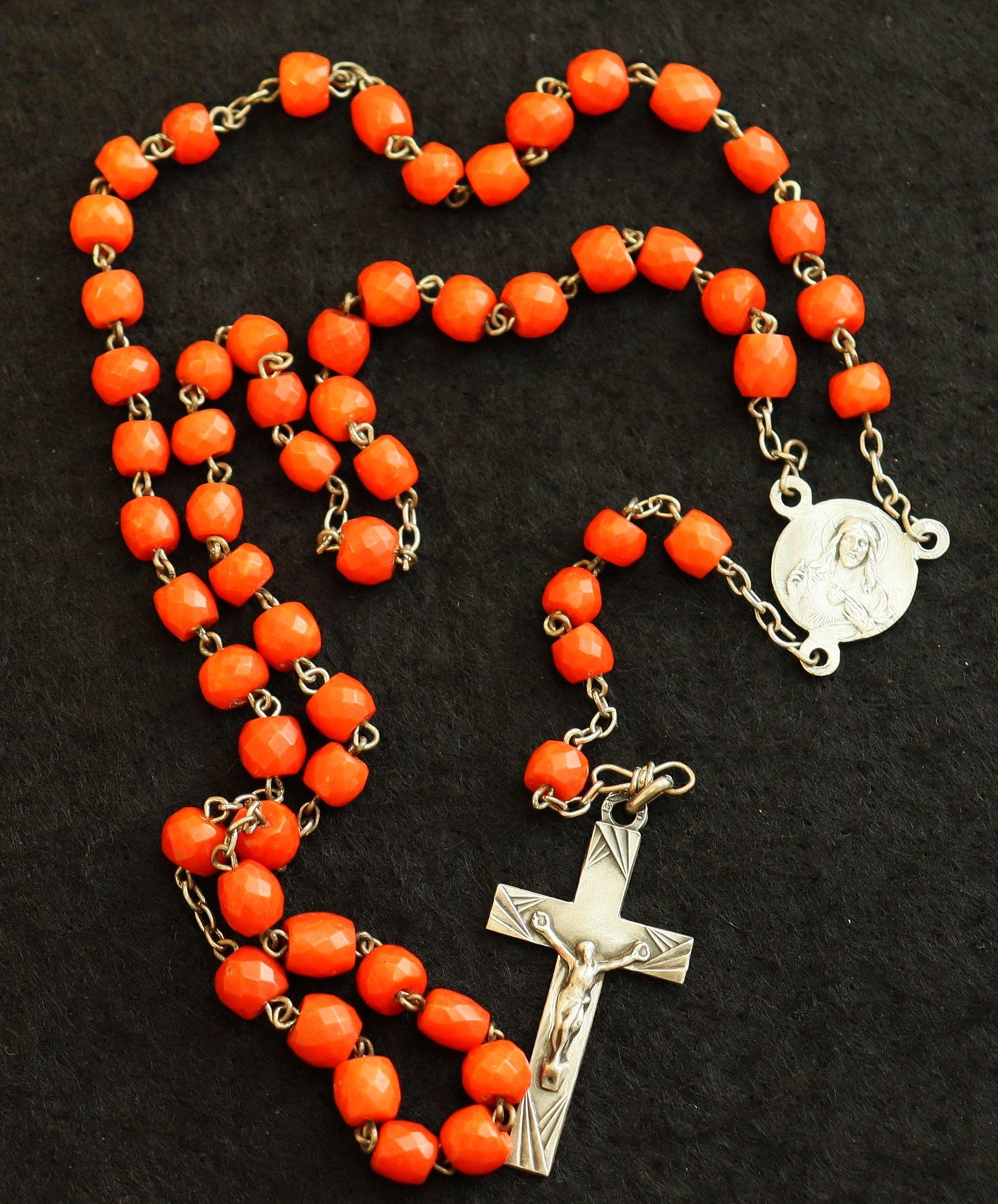 Vintage Sardinian Coral & Sterling Catholic Rosary in Sterling Mesh Purse with Sterling Medal- all Art Nouveau