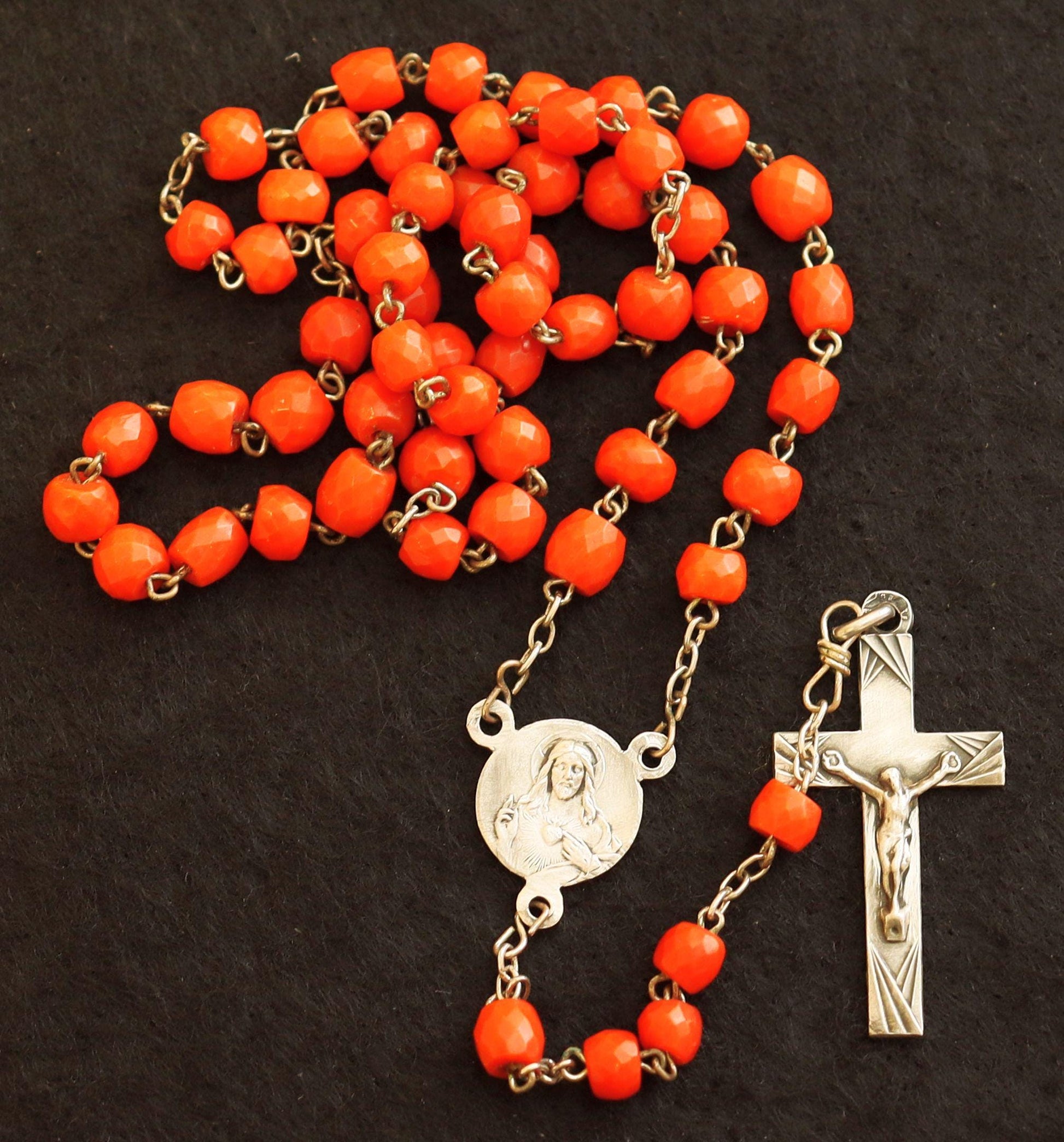 Vintage Sardinian Coral & Sterling Catholic Rosary in Sterling Mesh Purse with Sterling Medal- all Art Nouveau