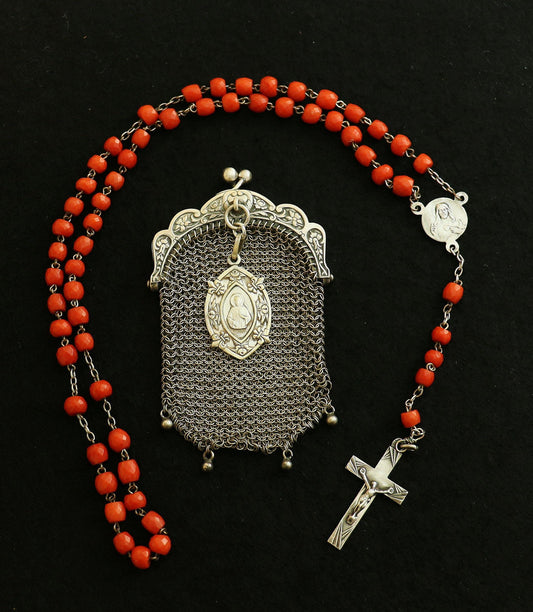Vintage Sardinian Coral & Sterling Catholic Rosary in Sterling Mesh Purse with Sterling Medal- all Art Nouveau