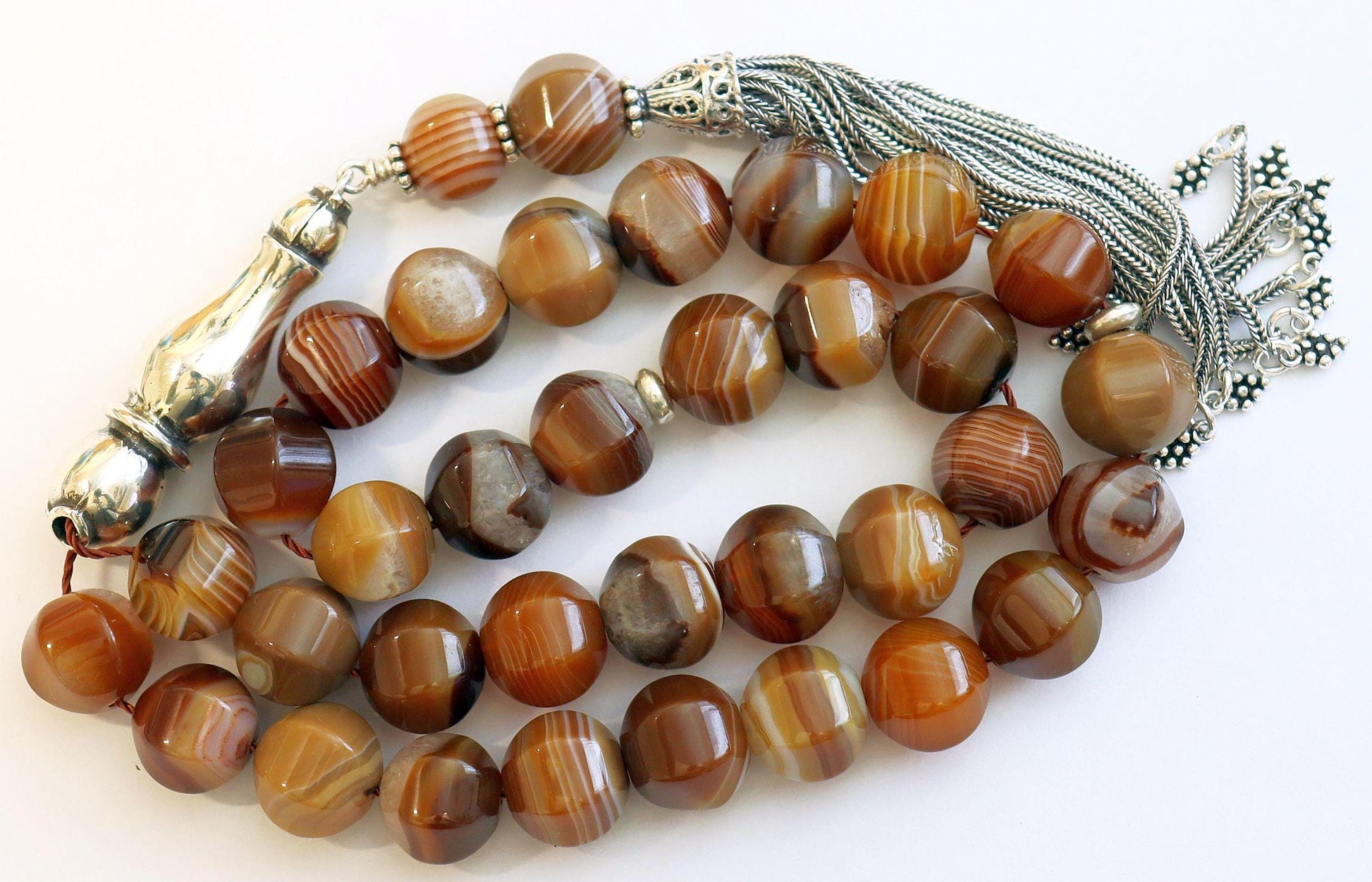 Luxury Banded Agate Tesbih Prayer Beads: Heavy Sterling Silver Tassel