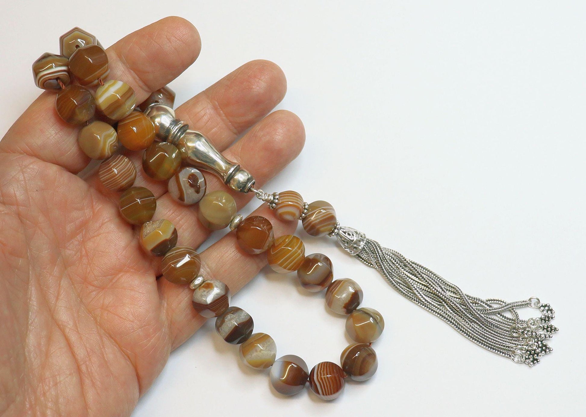 Luxury Tesbih Prayer Beads Rare Banded Agate & Heavy Sterling Silver - Top Quality - Collector's