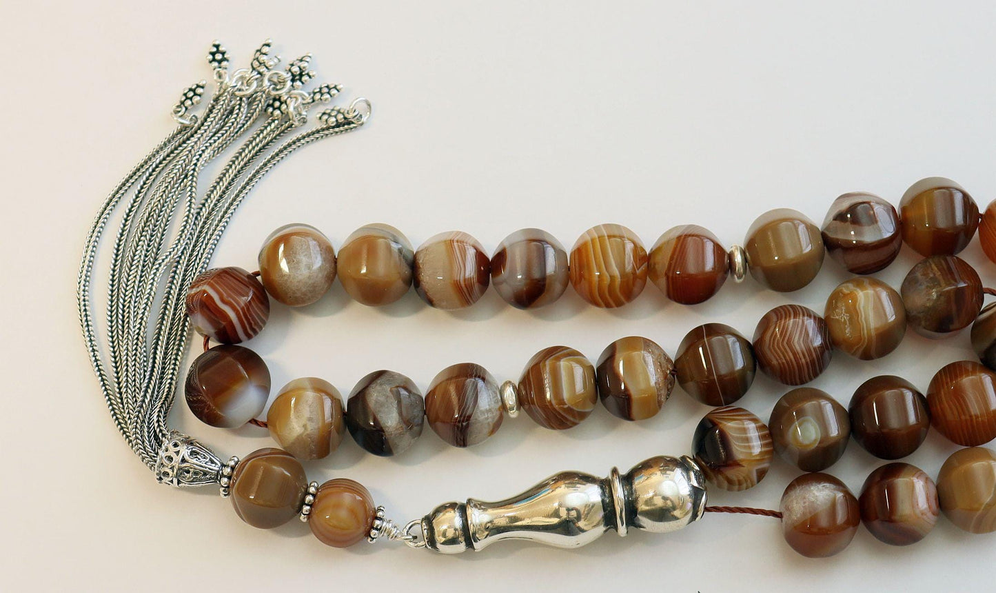 Luxury Banded Agate Tesbih Prayer Beads: Heavy Sterling Silver Tassel