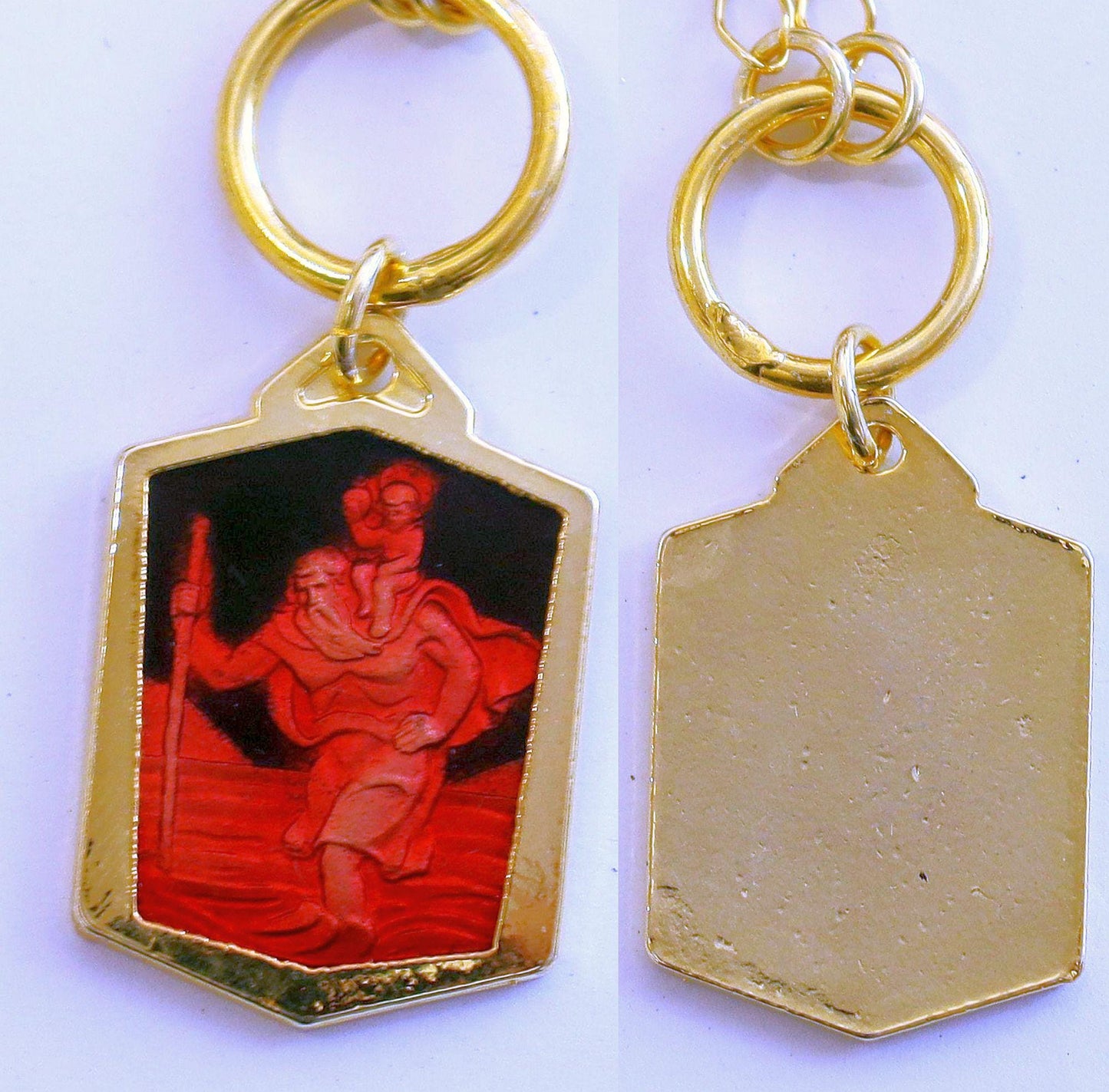 Saint Christopher Pendant Vintage Gold Plated and Enameled w Vermeil Chain and Extender