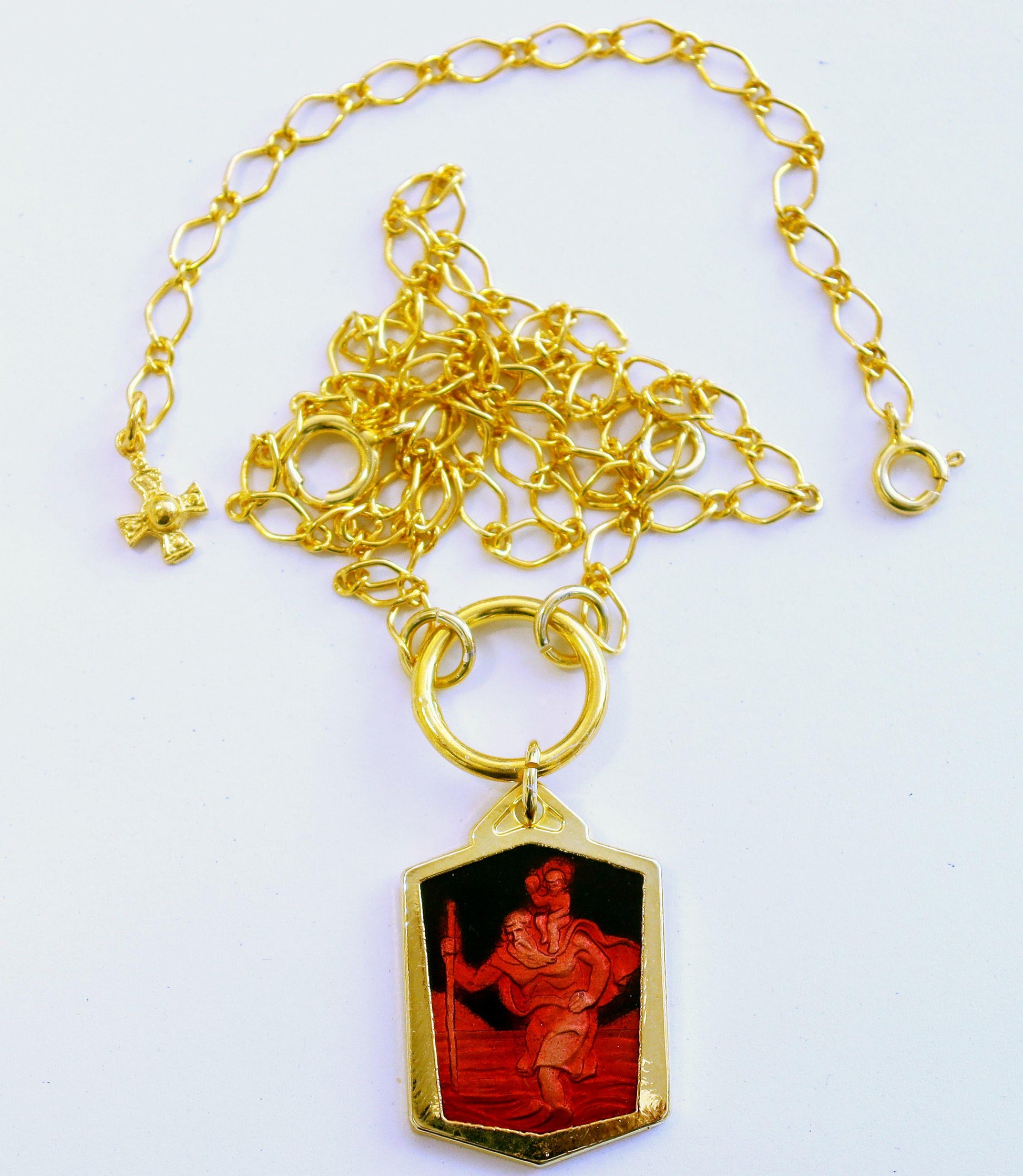 Saint Christopher Pendant Vintage Gold Plated and Enameled w Vermeil Chain and Extender