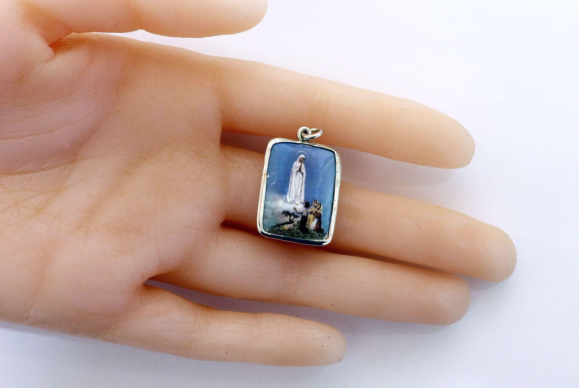 Fatima Apparition Medal Fine Enameled Serigraphy w Sterling Frame - 1930's