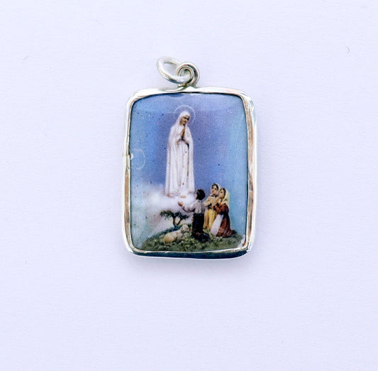 Fatima Apparition Medal Fine Enameled Serigraphy w Sterling Frame - 1930's