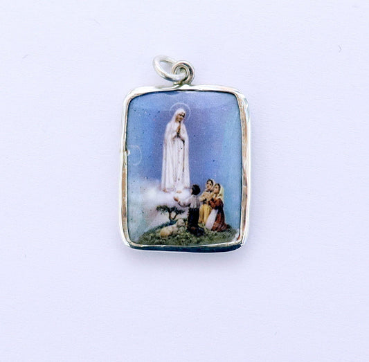Fatima Apparition Medal Fine Enameled Serigraphy w Sterling Frame - 1930's
