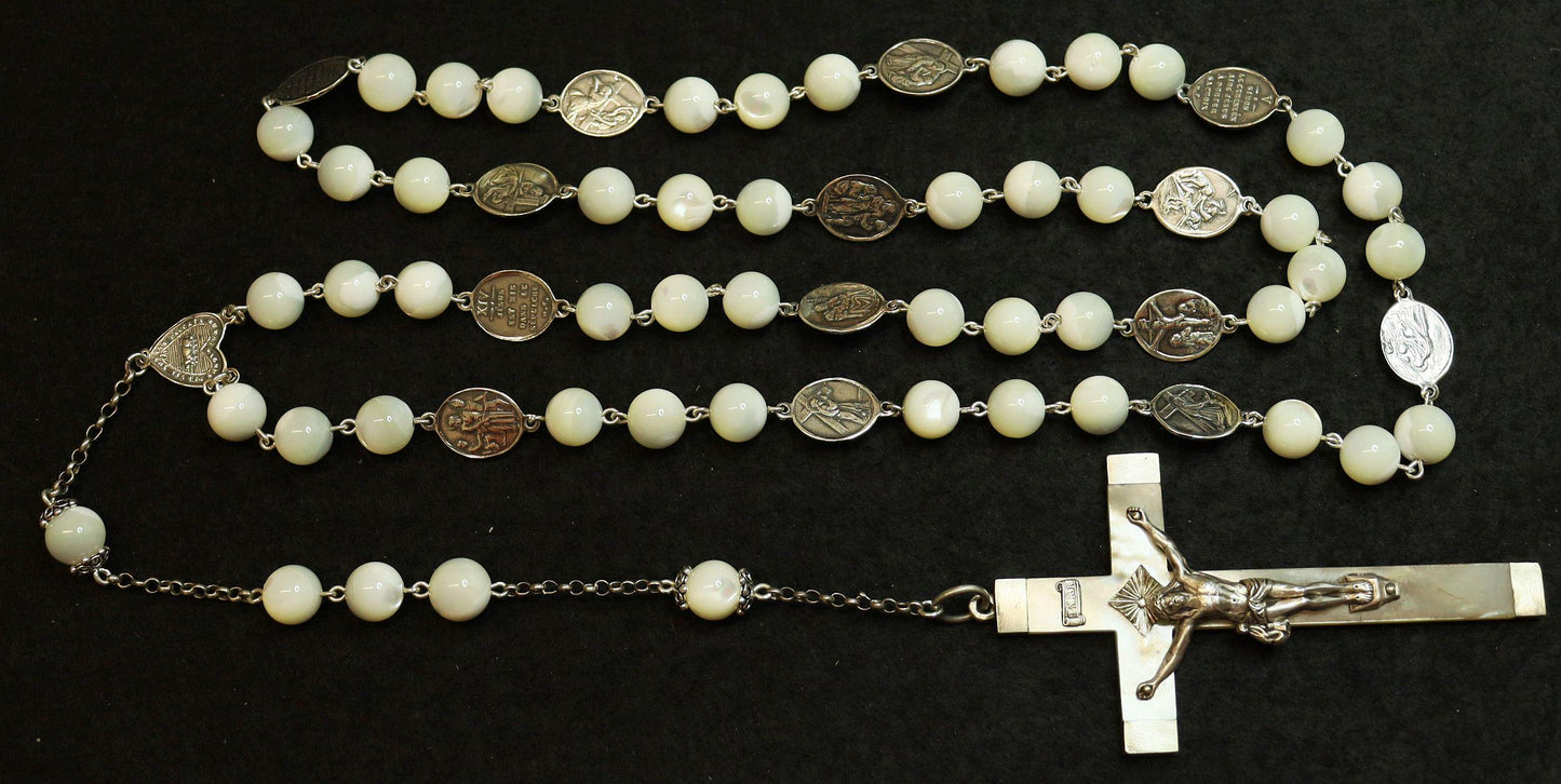 Stations of the Cross Rosary all Vintage Mother Of Pearl w 19th Cent Medals and Art Nouveau Crucifix ALL Sterling Silver Unique