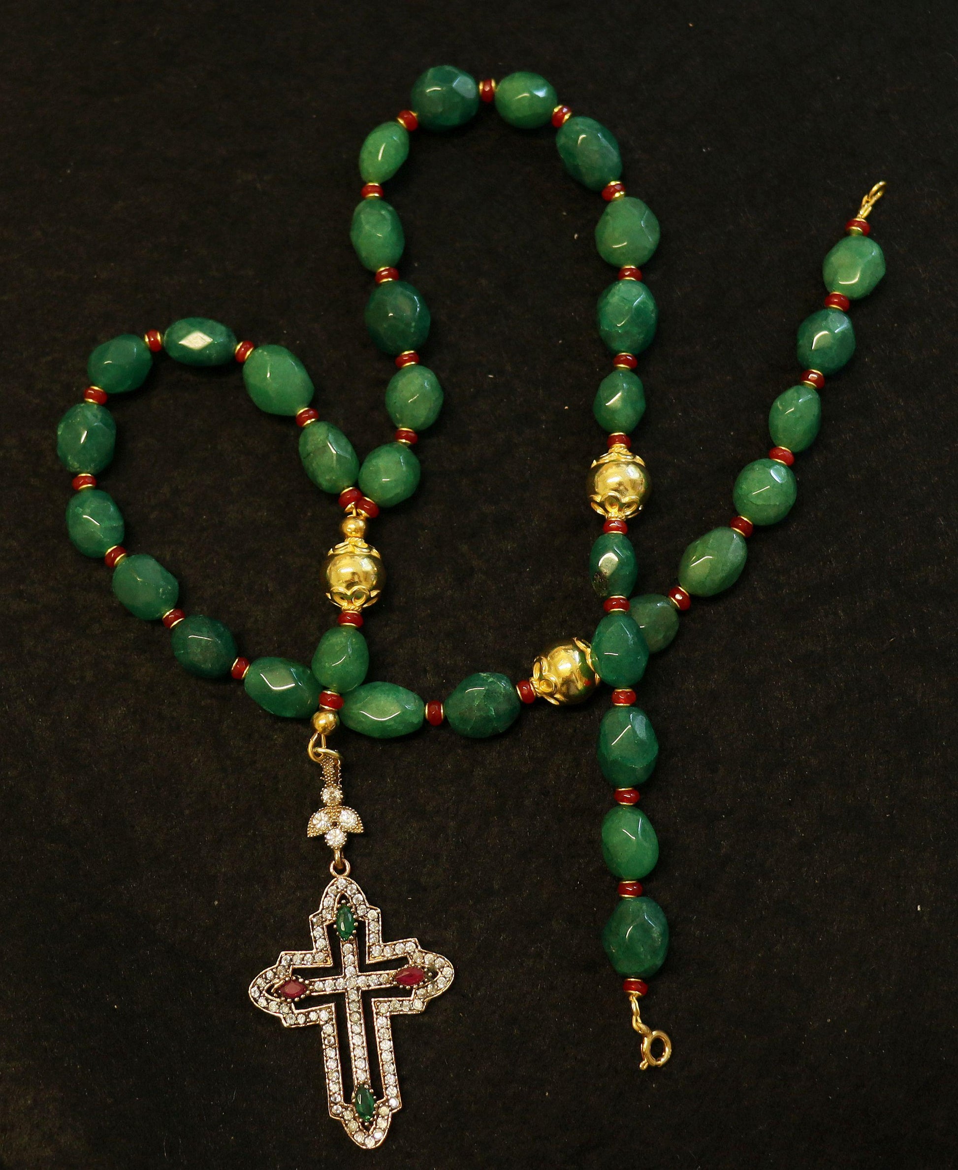 Beaded Chotki, Komboskini, Genuine Emerald and Ruby w Vermeil Metal Parts - Unique and impressive ORTHODOX Rosary with Special Cross