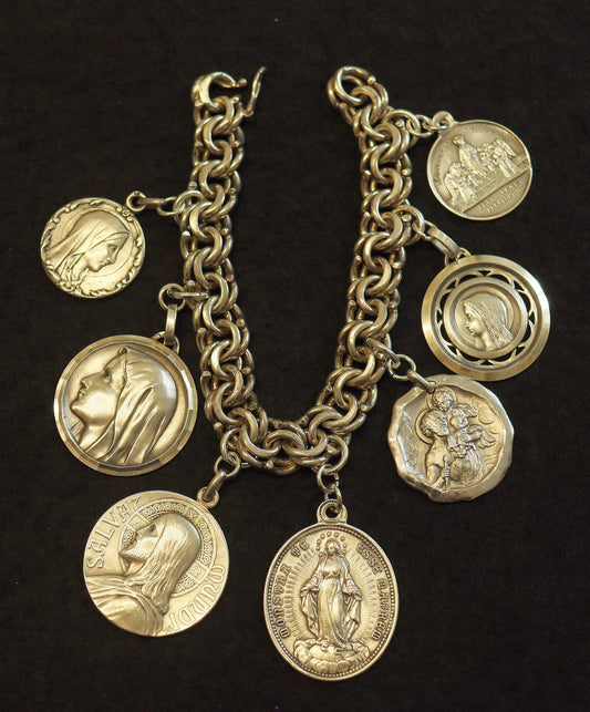 Art Nouveau Bracelet All Sterling Charms w 7 Rare Large Pristine Religious Medals - 1882 -Rare, Heavy, Antique