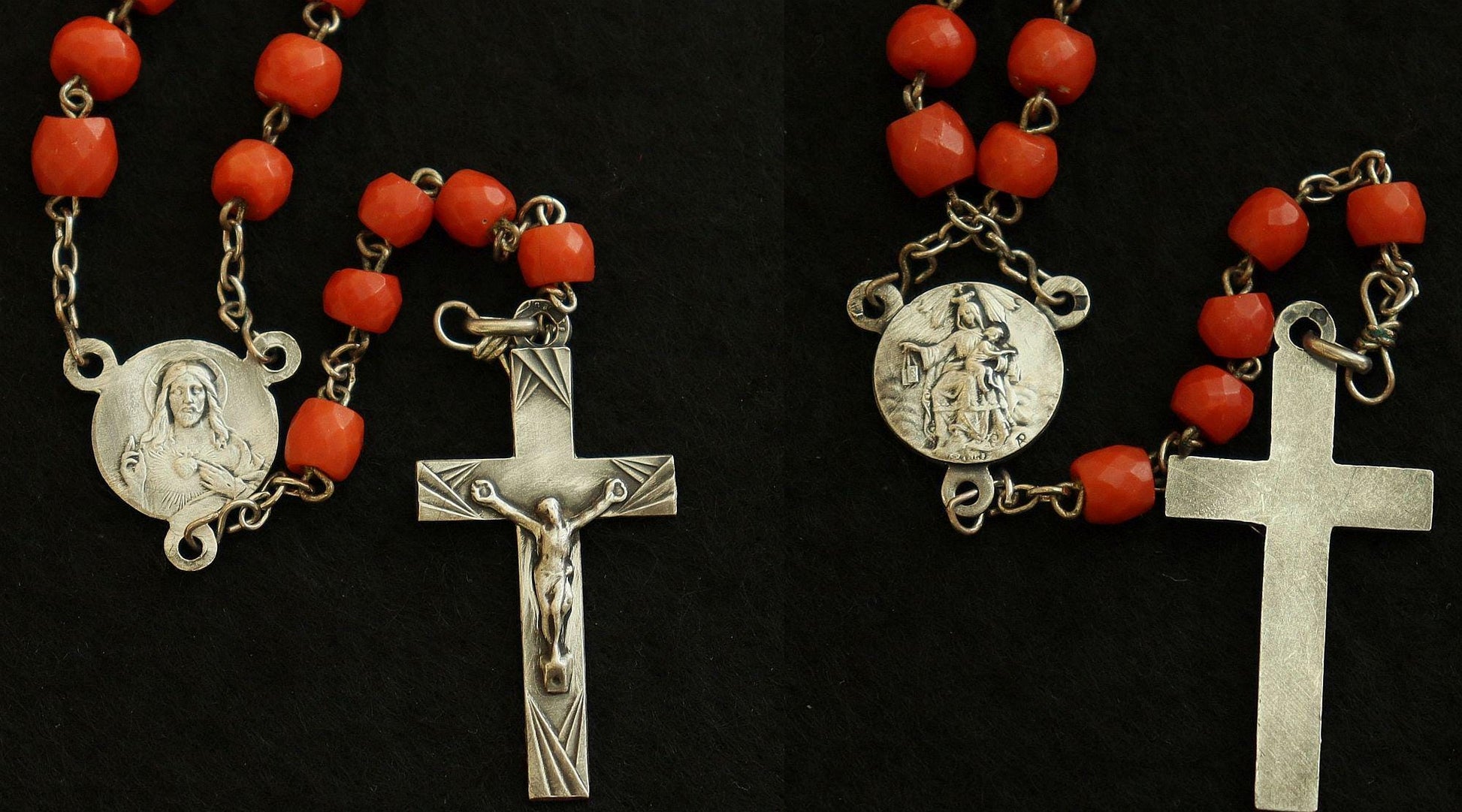 Vintage Sardinian Coral & Sterling Catholic Rosary in Sterling Mesh Purse with Sterling Medal- all Art Nouveau