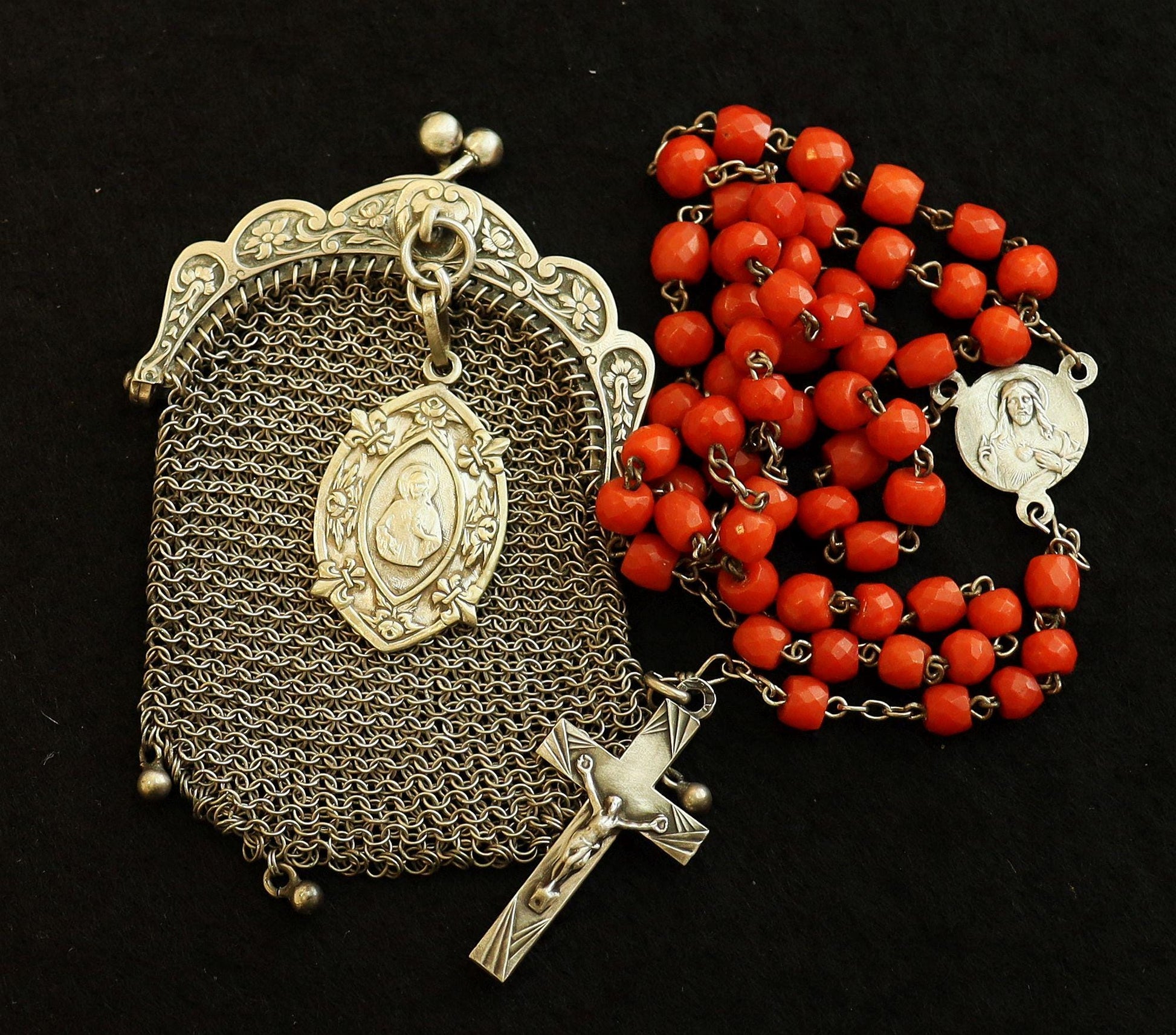 Vintage Sardinian Coral & Sterling Catholic Rosary in Sterling Mesh Purse with Sterling Medal- all Art Nouveau